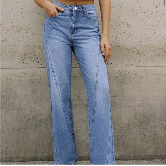 NWOT Commense Seamed Jeans Straight Leg High Rise Denim Medium Wash Blue Size S - Picture 1 of 5